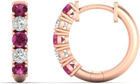 SHIV IMPEX JEWELS 0.50 Carat 5 Stone Diamond with Pink Sapphire Huggie Hoop Earrings 14K Rose Gold Finish 925 Sterling Silver