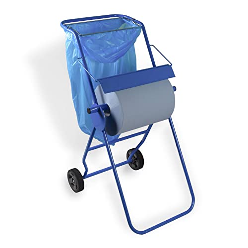 Bodenständer mit Müllsackhalterung für Putztuchrollen | für Industrierolle bis 40 cm Breite | Fahrbarer Putzrollenhalter für Werkstatt Industrie Garage und Handwerksbetrieb