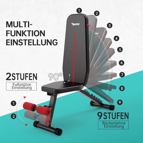 PASYOU Hantelbank Klappbar 9-Fach Verstellbar 90° Grad vertikal Multifunktions Trainingsbank für Ganzkörper-workout Bauchtrainer Schrägbank – Bild 3