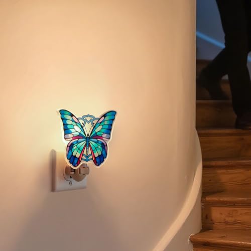 Image of Butterfly Night Light - Stained Glass Styled Plug-in Wall Light for Vertical Outlets - Real Glass, Warm Glow for Bedroom, Bathroom, Hallway - Gift for Butterfly Lovers