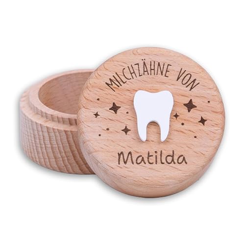 Holzura Milchzahndose personalisiert Zahndose Holz rund mit Gravur Zahnbox für Milchzähne Mädchen & Jungen Geschenkidee Kinder Zahnfee