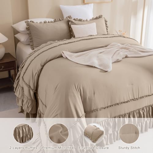 Image of QSH 3PCs Light Taupe Oversized California King Ruffled Bed Comforter Set 128x120, Farmhouse Vintage Chic Comforter French Country Shabby Comforter Soft Microfiber Fluffy Bedding Set