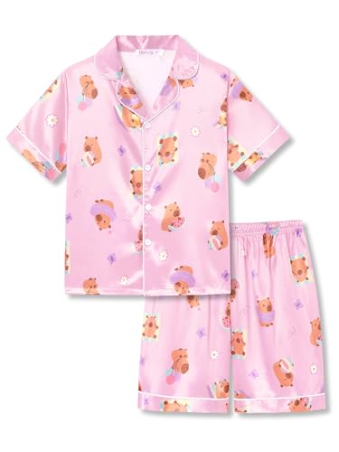 Topgal Girls Pink Capybara Summer Satin PJs Button-Up & Shorts Size 14
