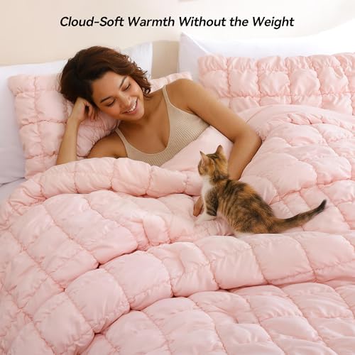 Image of JANZAA Full Size Comforter Sets, Blush Pink Comforter with Puff Plaid Fluffy Comforter Set, Cloud-Like Soft Cozy Bedding Set, Lightweight Warm Bedroom Decor for All Season with 2 Pillowcases