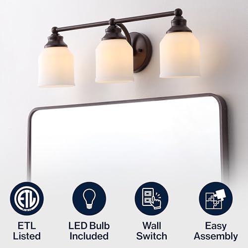 Image of JONATHAN Y 24 inch Oil Rubbed Bronze /White Modern Farmhouse LED Vanity Light Wall Sconce Fixture, Frosted White Glass Shade, Dimmable Wall Lamp for Bathroom Mirror Kitchen Sink, UL Listed (JYL7551C)
