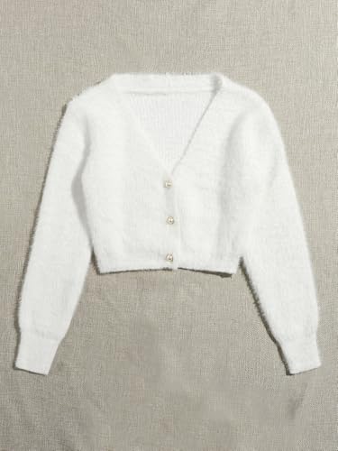 GORGLITTER Women's Chunky Fuzzy Crop Sweater Cardigan Pearl Button Down Long Sleeve Open Front Shrug Knit Cardigan 20254
