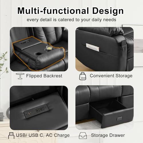 Image of Loveseat Recliner Sofa,3 Seater RV Recliner Couch, Manual Reclining Loveseat with Console for Living Room, Home Theater Seating with AC /USB C /USB and Drawer (Black, 3 Seater + Console)