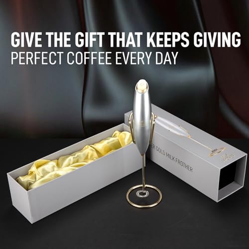 Image of Zulay Kitchen Powerful Milk Frother Wand With Duracell Batteries - Ultra Fast Handheld Drink Mixer - Electric Whisk Foam Maker for Coffee, Lattes, Cappuccino & Matcha - Z1 Motor - Exec Silver Gold