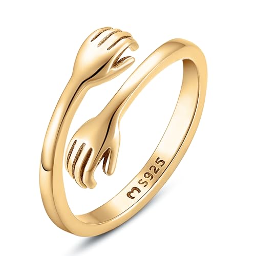 Anillos de mujer en plata de ley abierto con especial diseño de símbolo afectivo de dos manos en expresión de abrazo. Anillo plata mujer con acabado plateado o dorado. Ideal parejas (Baño en Oro)