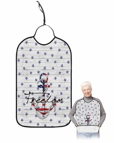 LEOKOTI 4th of July Adult Bibs for Eating, Waterproof Bibs with Food Catcher & Adjustable Snap Closure, Independence Day Anchor Blue Star Vintage Washable Clothing Protectors Adult Bibs for Elderly