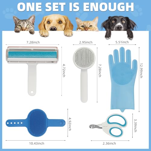 Image of Pet DeShedder & Cat /Dog Brush - 5-Piece Grooming Kit with Cat Nail Clipper & Bath Massage Brush