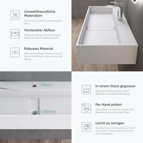 doporro Waschbecken Hängewaschbecken in Weiß matt Aufsatzwaschbecken 120x40x14 cm aus Mineralguss Waschtisch mit Armaturloch Colossum6028