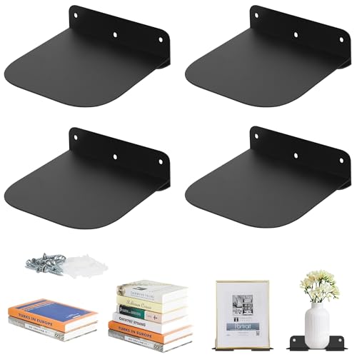 STORAGE MANIAC Floating Book Shelves for Wall Mounted Invisible Floating Bookshelves Heavy-Duty Steel Hidden Bookshelf Hanging Bookshelves for Bedroom Living Room Office, Black 4-Pack