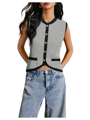 Image of GORGLITTER Women's Striped Button Up Cropped Sweater Vest Sleeveless Knit Vest Tops 2025 Trendy Outfits