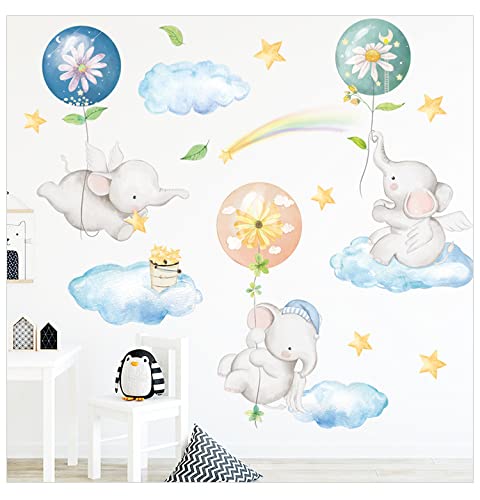 Wall Stickers Children Animals in Hot Air Balloons Elephant Clouds Wall Decor Nursery Kids Living Room Decorations Wall Stickers