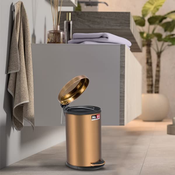 Image of Mr. Bin Dustbin Stainless Steel 202 Gold Pedal Bin with Plastic Bucket and Lid | 8 inch x 13 inch Garbage Bin | Trash Can | Round Shape Dustbin for Home, Bathroom, Kitchen & Office | 7 Liter