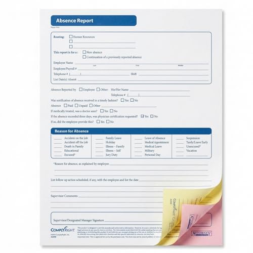 ComplyRight Absence Report, 3-Part | 8-1/2&rdquo; x 11&rdquo; | Time & Attendance Form | 50 Pack