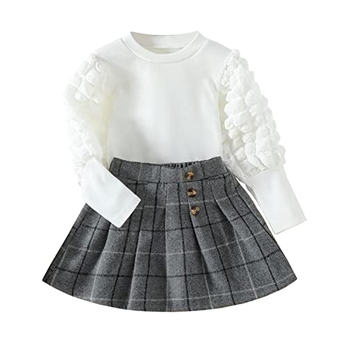 Toddler Girl Fall Winter Clothes Baby Mini Skirt Set Ruffle Turtleneck Solid Knit Pullover Tops Pu Leather Button Skirt (White,3-4T) #TOP27
