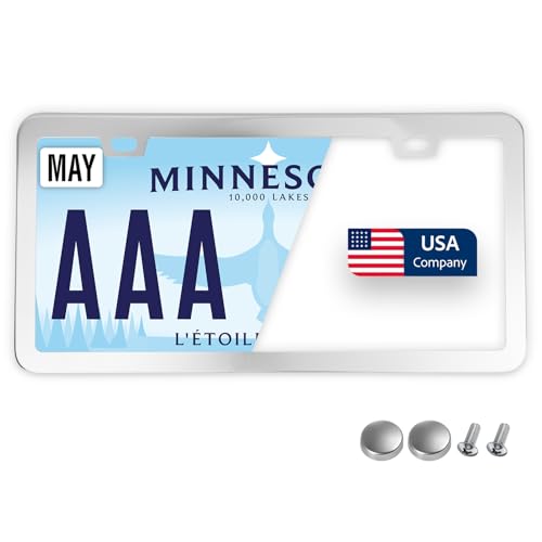 Image of Premium Slim Chrome Polish Mirror License Plate Frame - 1 Piece, Rust-Free Stainless Steel & Rattle-Free, Street Legal, Universal with Screw Caps, Thin Edged Metal Front or Rear Car Tag Holder Unisex