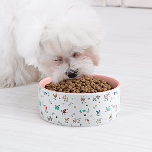 FE FUN ELEMENTS Dog Bowls, Ceramic Dog Food And Water Dish For Large Dogs, 64Oz Heavy Pet Dog Bowls With Adorable Dog Patterns(Pink),?20.32 cm,H_7.62 cm,W_20.32 cm