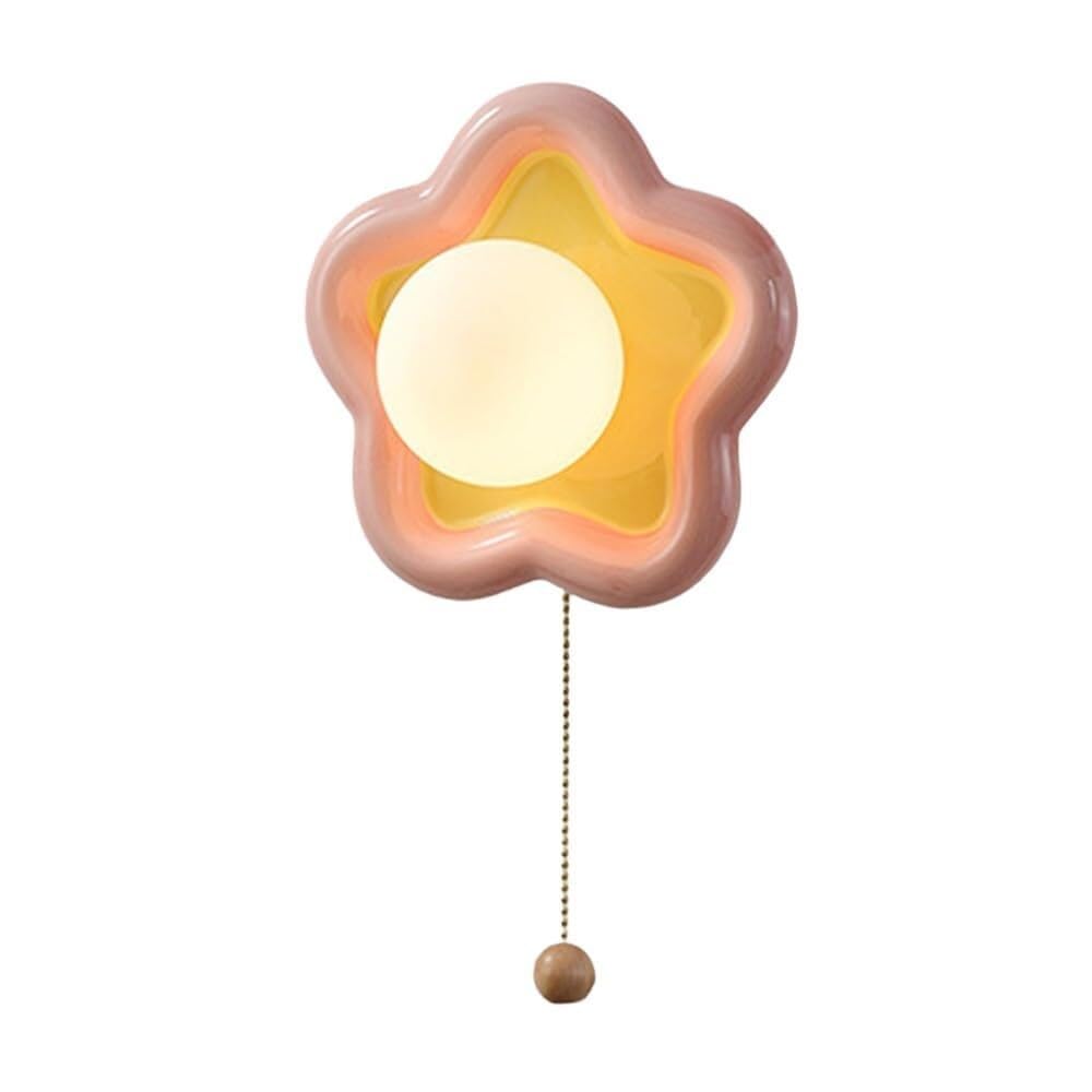 ITOSUI Flower Wall Sconce with Pull Chain Switch 3-Color Changeable Ceramic Wall Lamp 8-Inch Petal Shape Light Fixture for Bedroom Bedside Hallway G9 Base 5.6-Inch Wall Distance(Pink)
