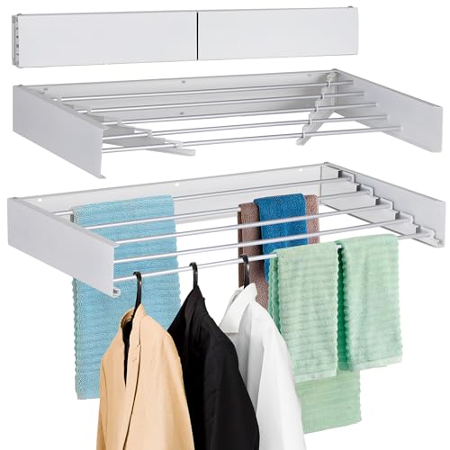 FOCHIER F Laundry Drying Rack Wall Mounted Clothes Drying Rack Collapsible 31.5 Wide with 13.2 Linear Ft and 5 Aluminum Rods Drilling Template Long Screwdriver Bit 60 lbs Capacity (White, 40)