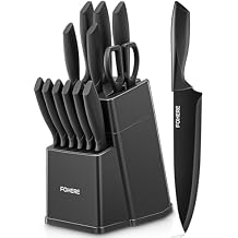 Knife Set, FOHERE 14 Pcs Knife Sets for Kitchen with Block, Dishwasher Safe, BO Oxidation German Stainless Steel Kitchen Knife Set with Built-in Sharpener, Anti-slip Ergonomic Handle, Matte Gray