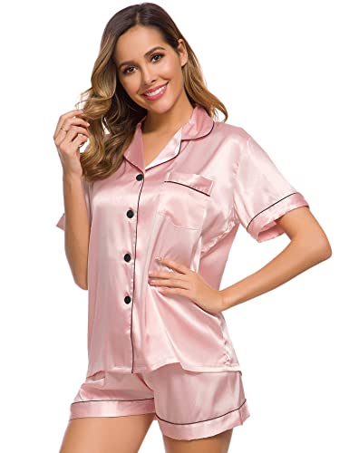 Image of SWOMOG Womens Silk Satin Pajamas Set Short Sleeve Sleepwear Button Down Top and Shorts Loungewear 2 Piece Pjs Set XS-3XL