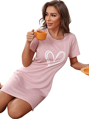 Sweatyrocks Women's Heart Print Short Sleeve Round Neck Sleepshirts Nightgown Sleepdress Light Pink M #TOP3
