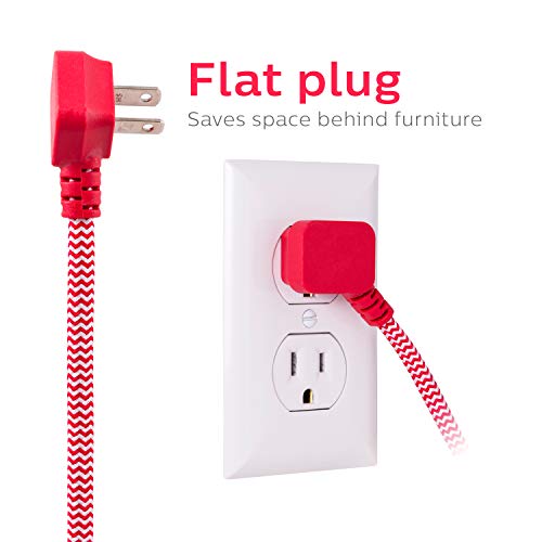 Philips 3 Outlet Extension Cord, 8 Ft Long Cord, Designer Braided Extension Cord, Polarized Outlets, Flat Plug, Perfect For Holiday Lights & Décor In The Home Or Office, Red/White, Spc1030Rb/27 #TOP4