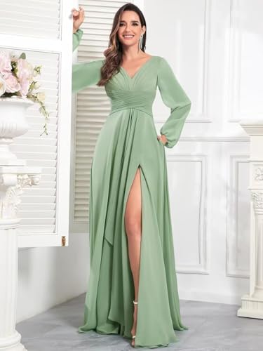 TORYEMY Chiffon Bridesmaid Dresses with Sleeves Long V Neck Ruffle Formal Evening Dresses for Wedding4