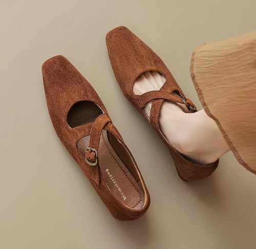 Suede Mary Jane Flats for Women Dressy Pointed Toe Ballet Flats Shoes Low Heel Buckle Strap Flat Shoes Comfortable Slip on Work Dress Shoes3