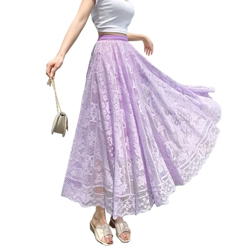 chouyatou Women's Lace Crochet Eyelet Dress Patterned Ruffle Flared Elastic Waist Flowy A Line Midi Skirt