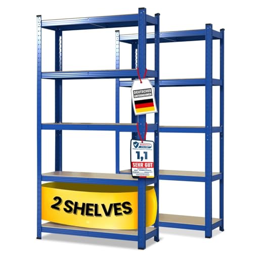 Image of Floordirekt Heavy Duty Shelving Unit, Set of 2, Blue, 150 x 75 x 30 cm, Boltless Shelves, Basement Shelves, Storage Shelves, Workshop Shelves, Workbench - 5 Adjustable Shelves (Lakota)