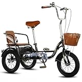 JIYIAN Black,14 inch, Adult Tandem Trikes with Back Seat,Rickshaw Pedal Tricycle for Bike,Cargo Basket and Comfortable Seat for Seniors, Women, Men for Shopping Picnic Outdoor Sports