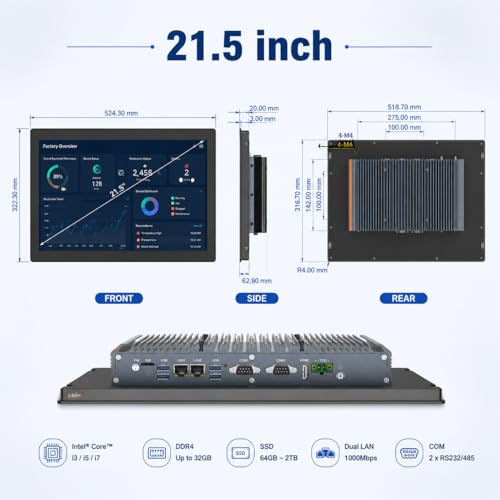 Image of Yeyoo 21.5 inch Fanless Industrial Panel PC, All-in-One Touch Screen Computer, Intel 7-12th 8-16 Ram 128-512 SSD, IP65 Waterproof, Win11, Rich I /O (HD, LAN, COM),VESA /Embedded Mount (21.5 inch /7100u /8+128)