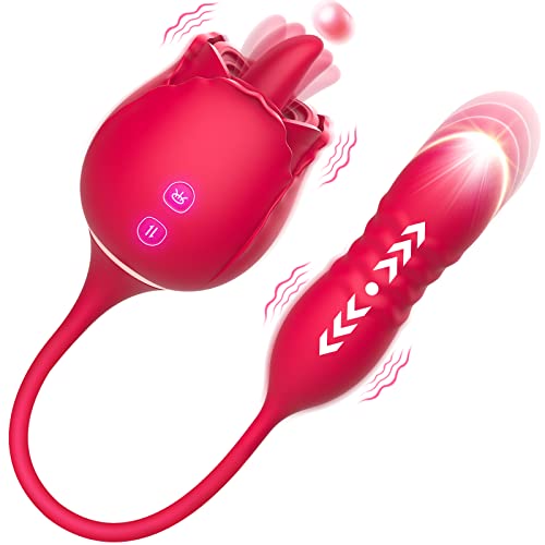 Rose Sex Stimulator for Women, 3 in 1 Clitoral Stimulator Tongue Licking Thrusting G Spot Dildo Vibrator with Butt Plug, Rose Toy Vibrator for Women, Clit Nipple Licker Adult Sex Toys for Women Couple