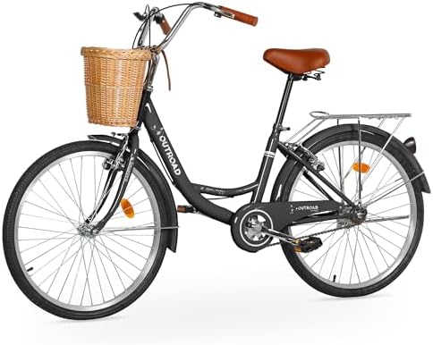 Outroad Beach Cruiser Bike, 24 inch Commuter Bicycle for Adult Men and Women,High-Carbon Steel Comfortable City Bikes with Rear Rack or Basket,Black