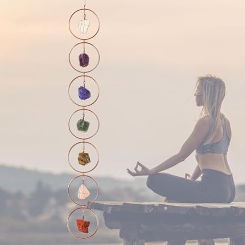 Handmade Natural Raw Gemstone Hanging Ornaments 7 Chakra Crystal Feng Shui Ornaments for Home Decoration Window Decor Crystal（Red Copper Color Circle 3.14''） Cover