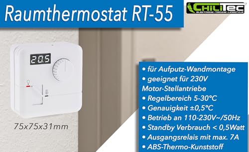 ChiliTec Thermostat Wandmontage Aufputz 110V-230V Temperatur Anzeige regelbar 5-30°C Digital Raumtemperaturregler für Heizung Fußbodenheizung