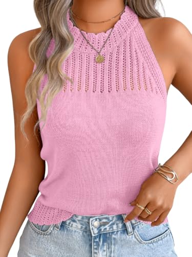 Image of ChiaoLezhee Women's Summer Knit Tank Tops, Racerback High Neck Lightweight Sweater Vest, Dressy Casual Outfits