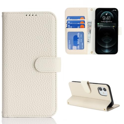 Étui iPhone 12 Mini en cuir véritable beige au design portefeuille chic