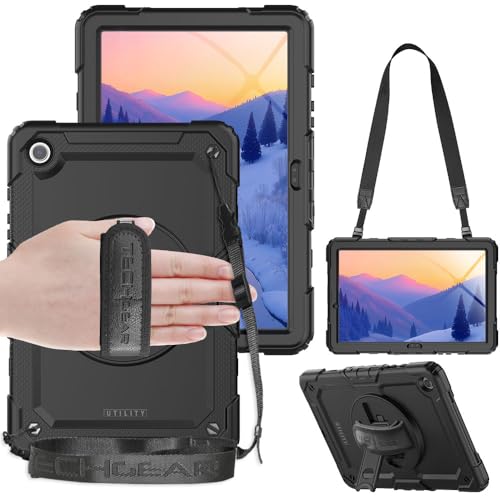 TECHGEAR UTILITY Case fits Samsung Galaxy Tab A9 Plus 11" (SM-X210 / SM-X215) Tough Rugged HEAVY DUTY Armour Shockproof Impact Case with 360 Rotating Stand, Hand Strap & Shoulder Strap - Black