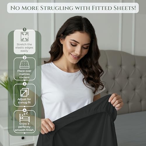 Image of Royale Linens 100% Organic Cotton Twin Fitted Sheet Only - Percale Weave - Super Soft Deep Pocket Bottom Sheets - Black Elastic Sheet - Twin Size Fitted Sheets Only - (39 inchx75 inch+15 inch, Black)