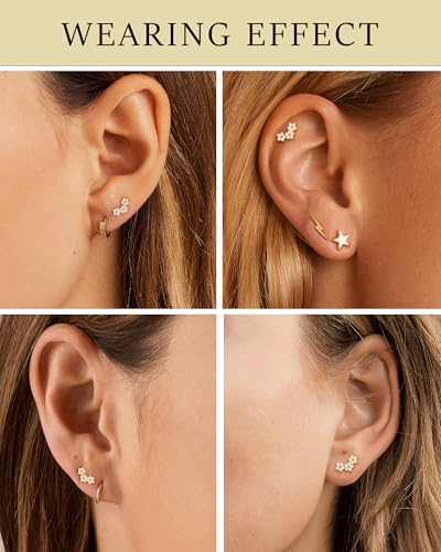 14K Gold Stud Earrings for Women Hypoallergenic 925 Sterling Silver Post Cartilage Climber Earring Dainty Pearl Star Earrings Flower Diamond CZ Earrings Stud Gold Jewelry4