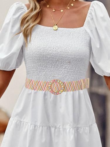 Urieo Elastic Round Buckle Straw Belts Beaded Colorful Stretch Woven Belt Dresses Dress Jeans Pants Raffia Belt for Women2