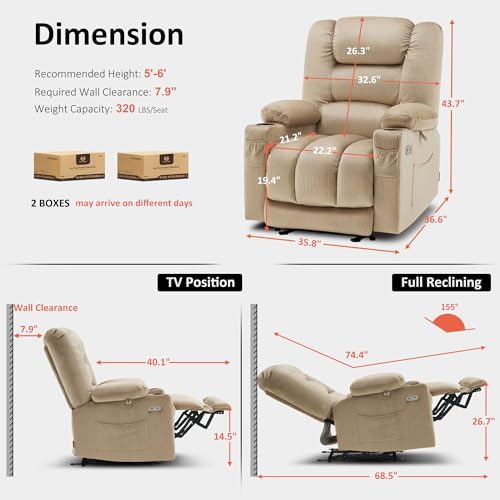 MCombo Recliner Chair for Adults, Zero Gravity Recliner with Massage and Heat, USB & Type C Ports, Cup Holders for Living Room 6079(Beige) - Image 4