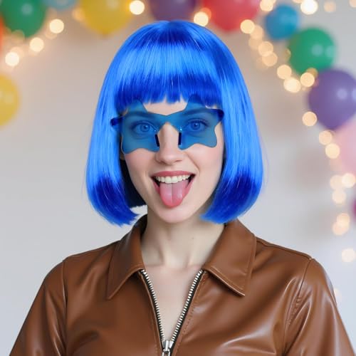 Image of ANOGOL Royal Blue Bob Wig with Bangs Navy Blue Wigs for Women Colored Wigs | Hair Cap+Sunglasses Short Neon Wig for Bachelorette Party Funny Outfit for Women Halloween Costume Night Club Crazy Hair Day