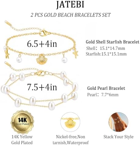 JATEBI 2 Pack Shell Starfish Bracelet Adjustable Starfish Sea Shell Pearls - 5