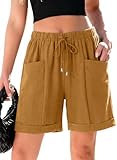 SHEWIN Bermuda Shorts for Women Casual High Waisted 5 Inch Inseam Womens Linen Shorts Lightweight Cargo Womens Summer Pants,XL,Honey Gold